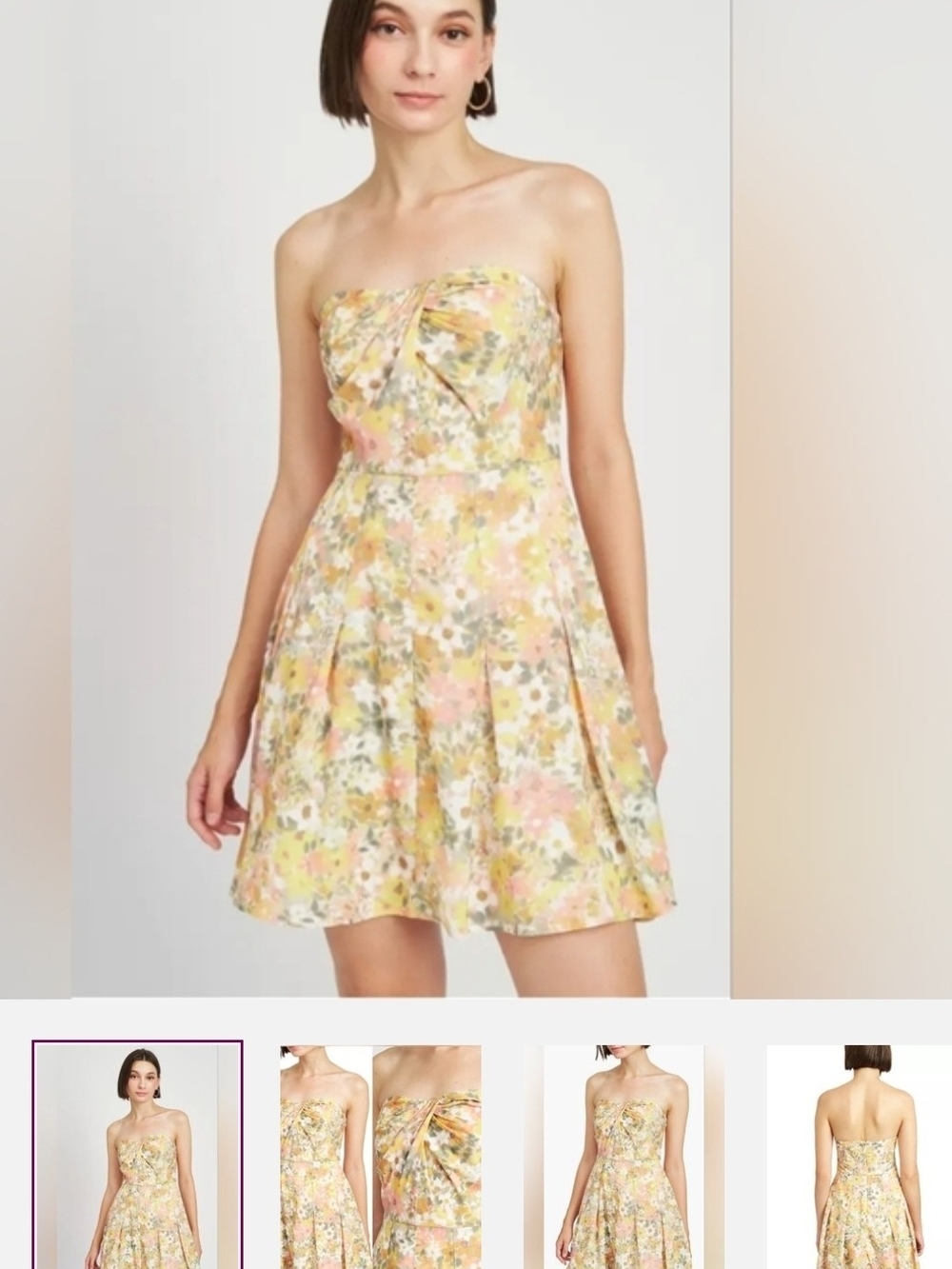 En Saison Xs Strapless Floral Twist Bodice Dress - Yellow Pink